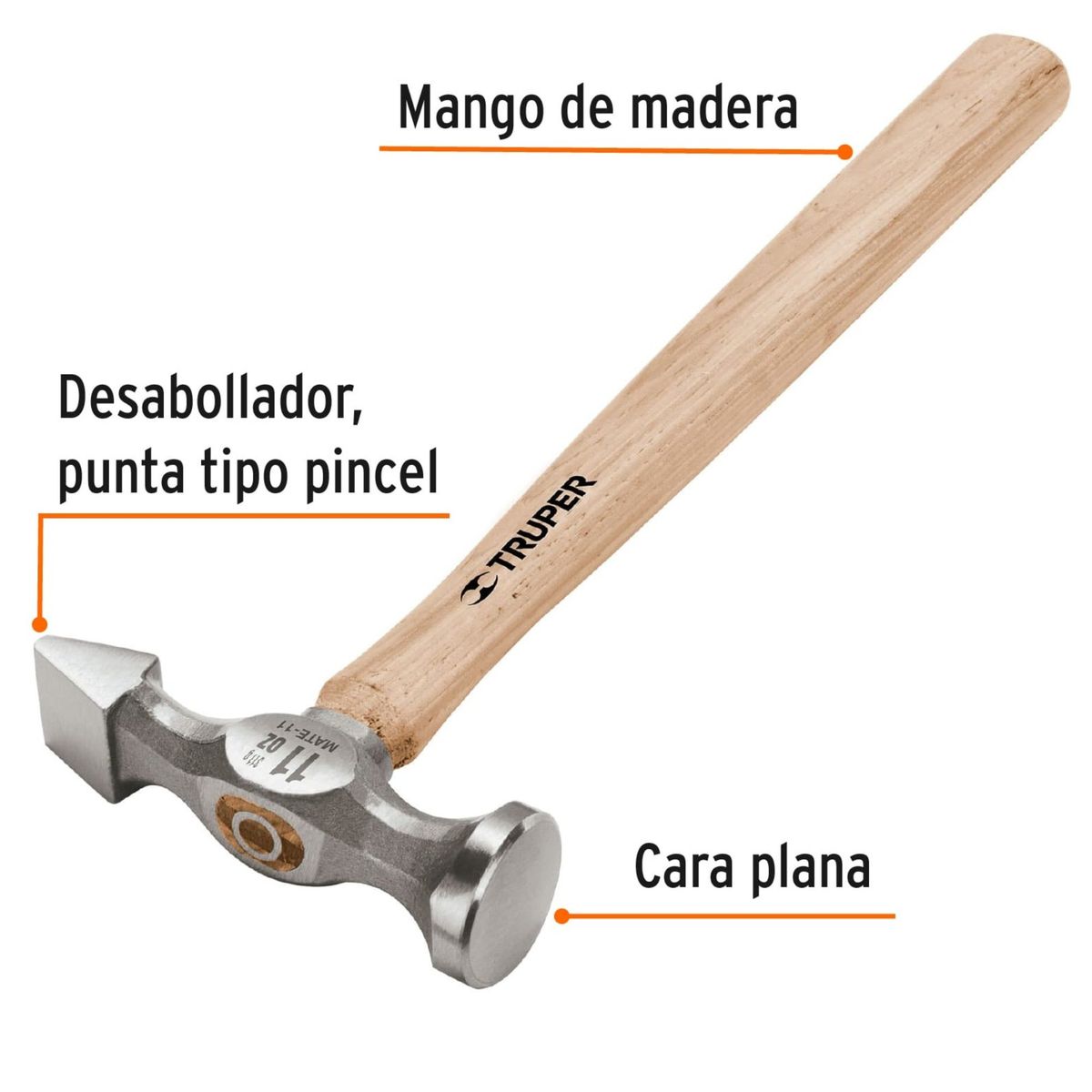 TRUPER - Martillo planchador desabollador 11 oz tipo cincel, mango 12", Truper