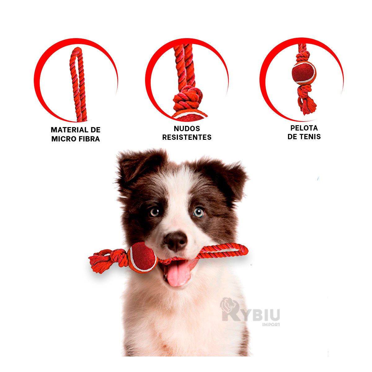 GENERICO - Soga con Nudo y Pelota de Tennis para Mascota Rojo