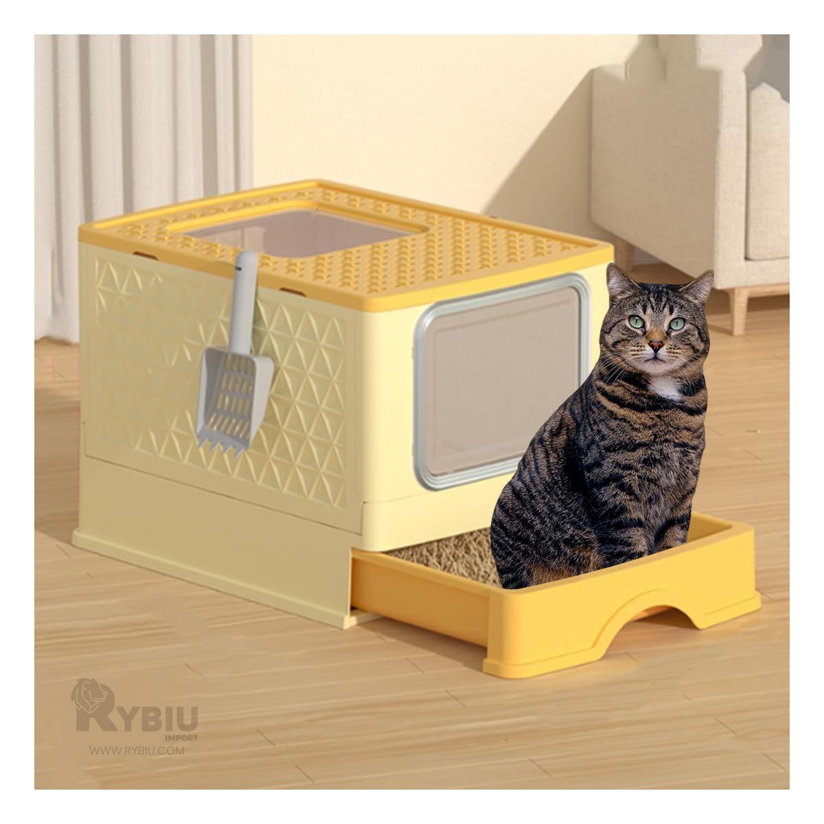RYBIU IMPORT - Arenero Cerrado con Bandeja Extraible y Pala en Amarillo