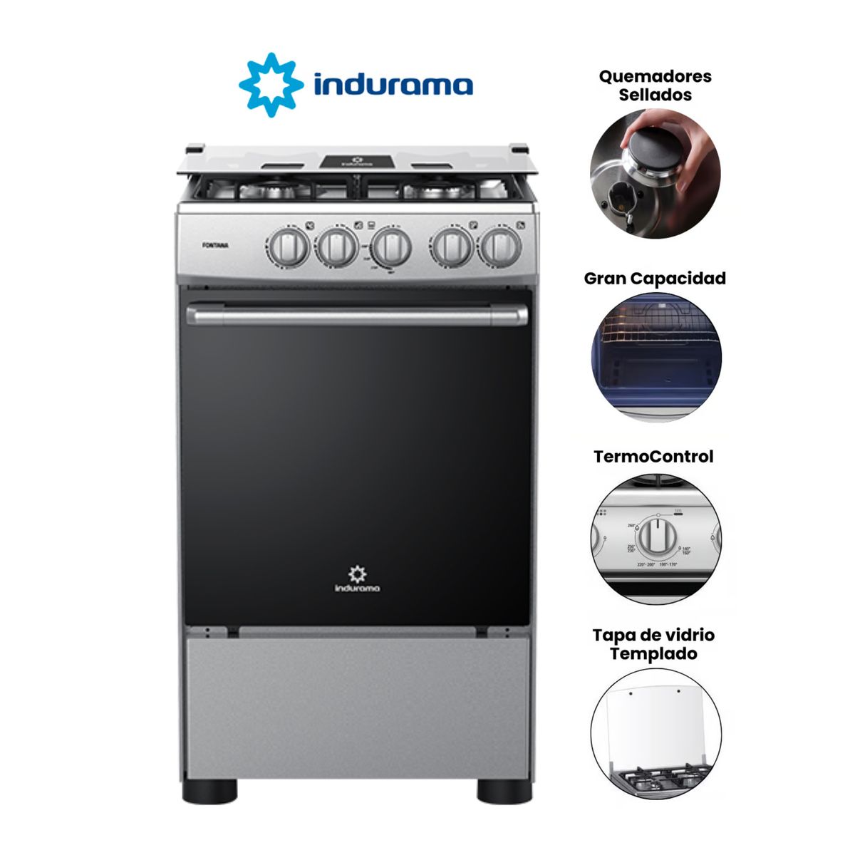 INDURAMA - COCINA INDURAMA FONTANA A GAS DE 4 HORNILLAS - GRIS
