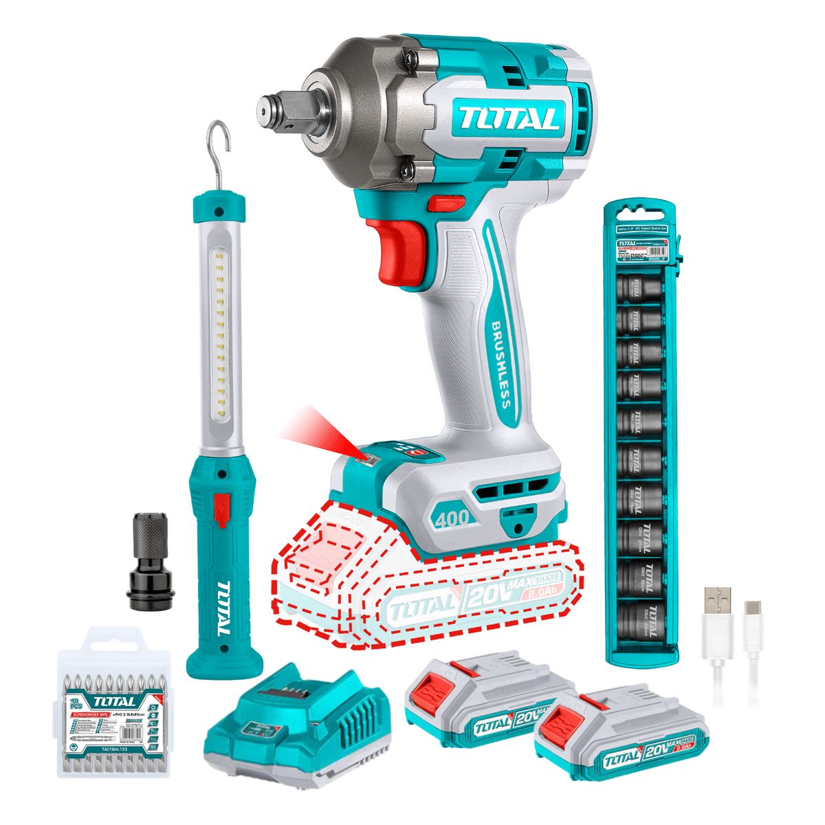 TOTAL TOOLS - Mega Combo Llave de Impacto 400Nm 20v+ dados impacto + lámpara Total