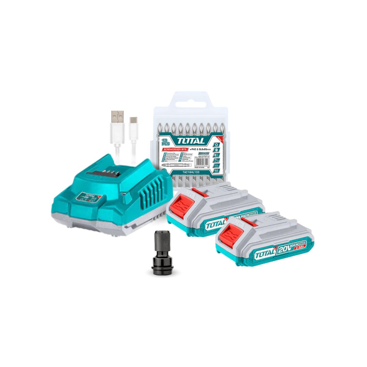 TOTAL TOOLS - Mega Combo Llave de Impacto 400Nm 20v+ dados impacto + lámpara Total