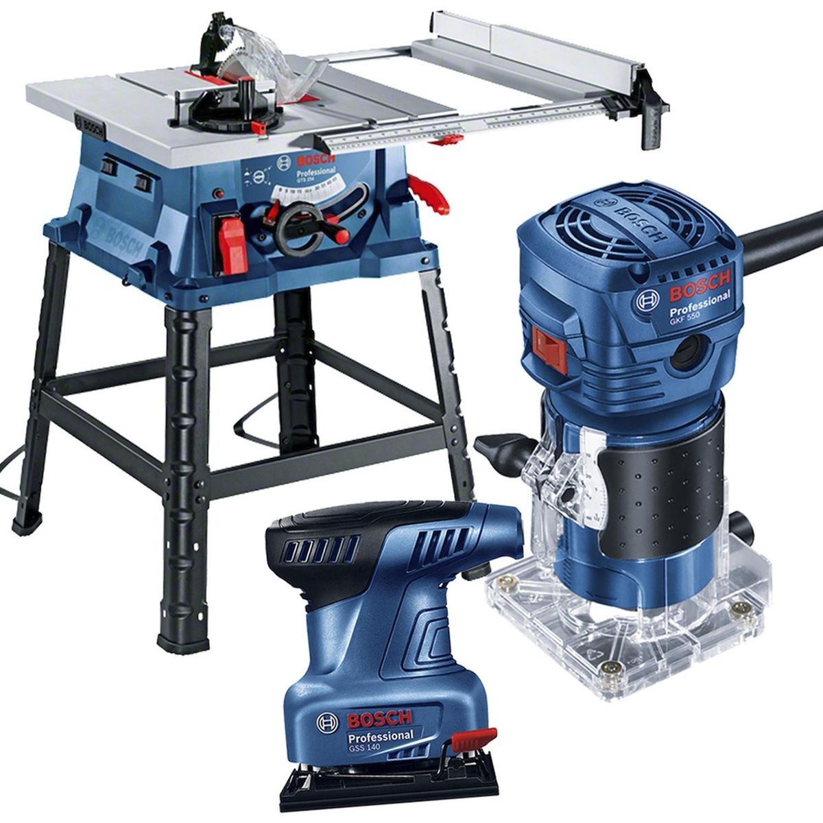 BOSCH - Sierra de Mesa 10" 1800W + Fresadora 1/4" 550W + Lijadora Orbital 220W Bosch