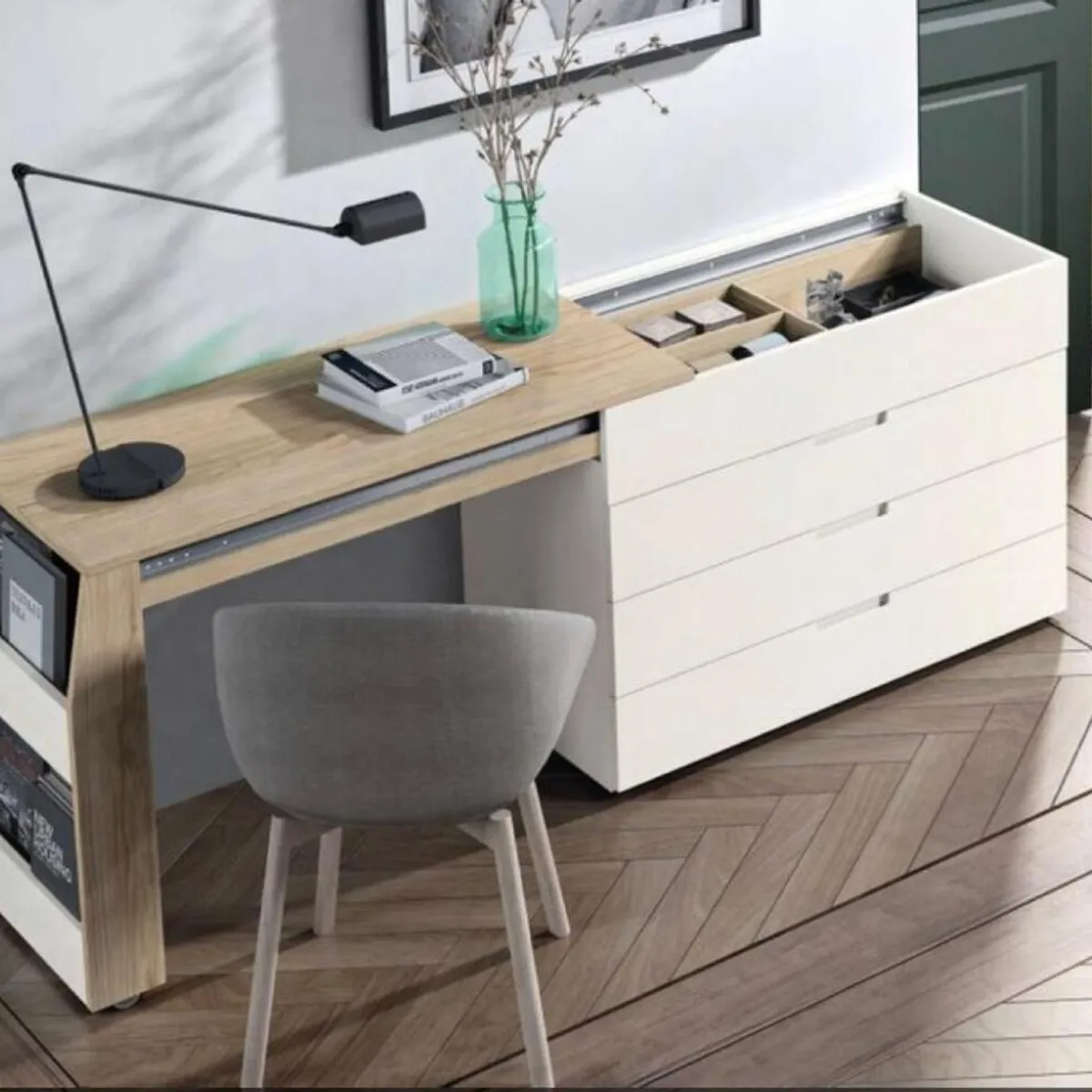 TU MESITA - Cómoda con Escritorio Extensible Moderna RunRun Blanco