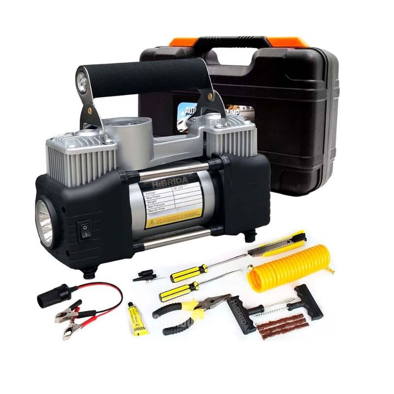 GENERICO - Set Compresor Doble Piston Inflador Auto Con Linterna