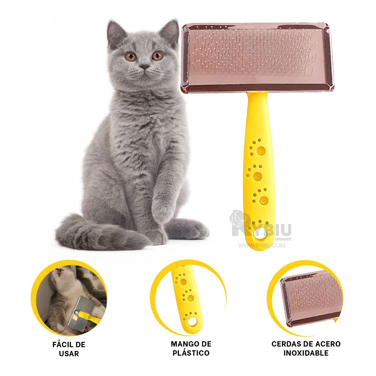 RYBIU IMPORT - Cepillo para Gatos en Amarillo Talla L Y+Regalo Stickers