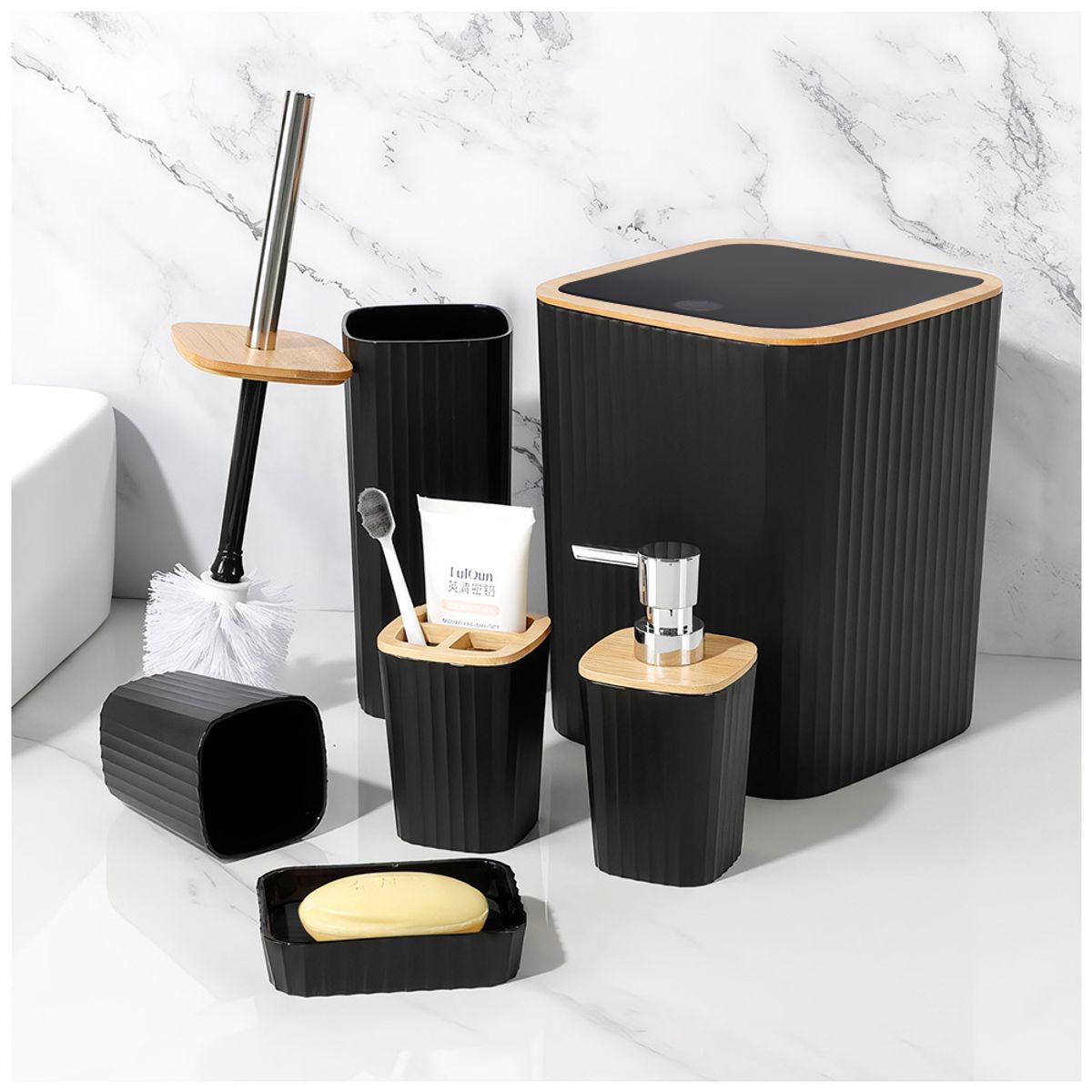 KELLER - Kit de Accesorios para Baño 6 Piezas Elegante Negro C1F