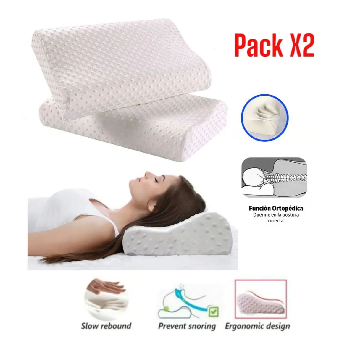 GENERICO - Pack 2 Almohadas Ergonómicas Viscoelástica Memory Pillow Funda