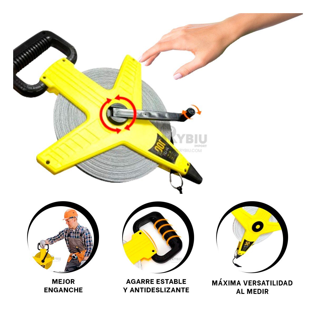 RYBIU IMPORT - Enrollador Compacto de 50 Metros en Amarillo Y+Gift Stickers