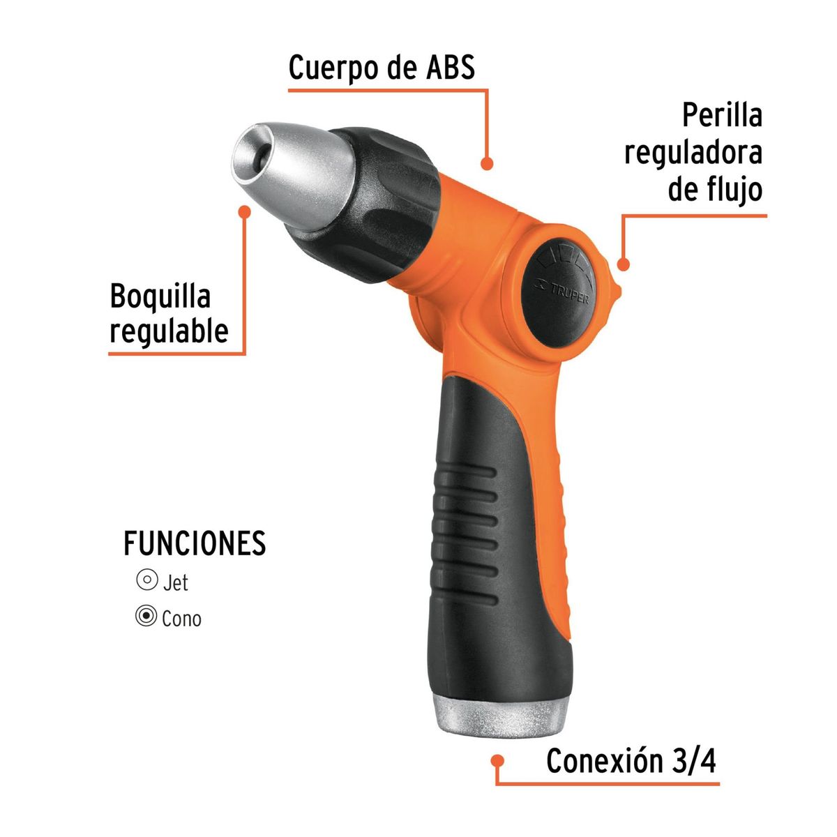 Truper - Pistola para riego 2 funciones plástica, boquilla regulable