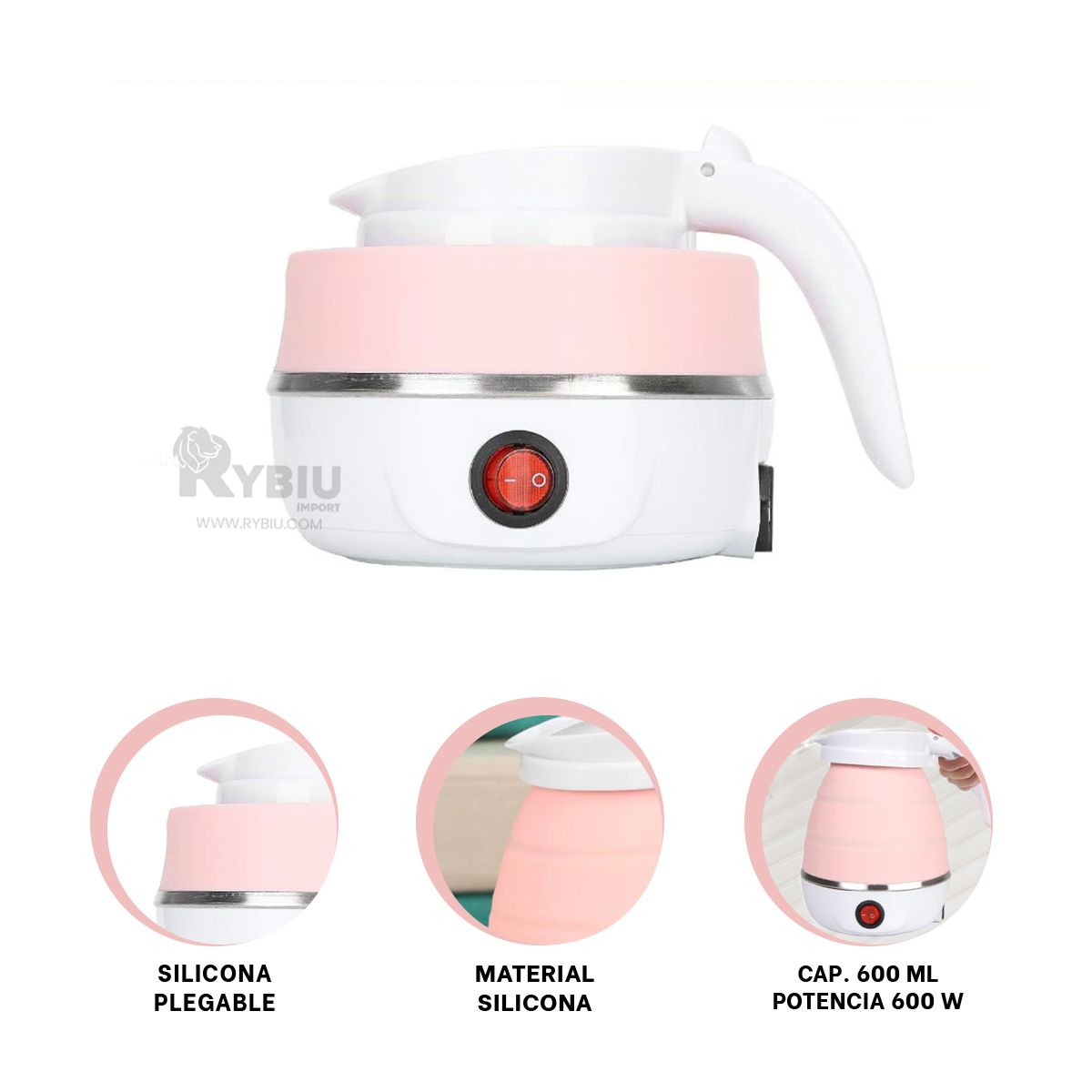 RYBIU IMPORT - Maquina Hierve Agua 600ml Rosado Y+Regalo Ligas para Peinar