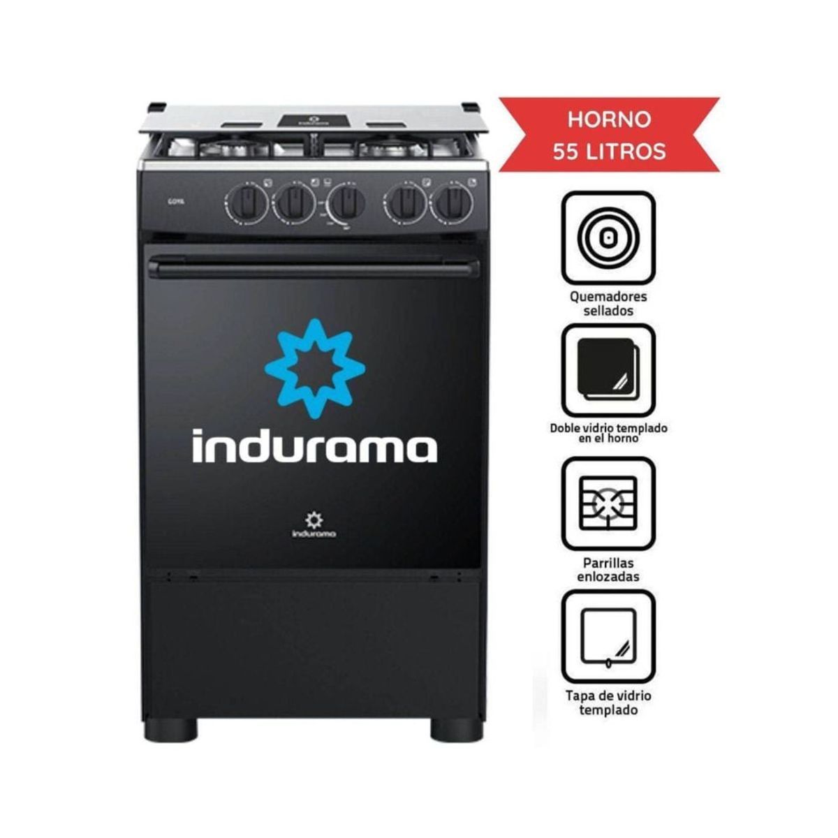 INDURAMA - Cocina Indurama Goya 4 Hornillas Negra