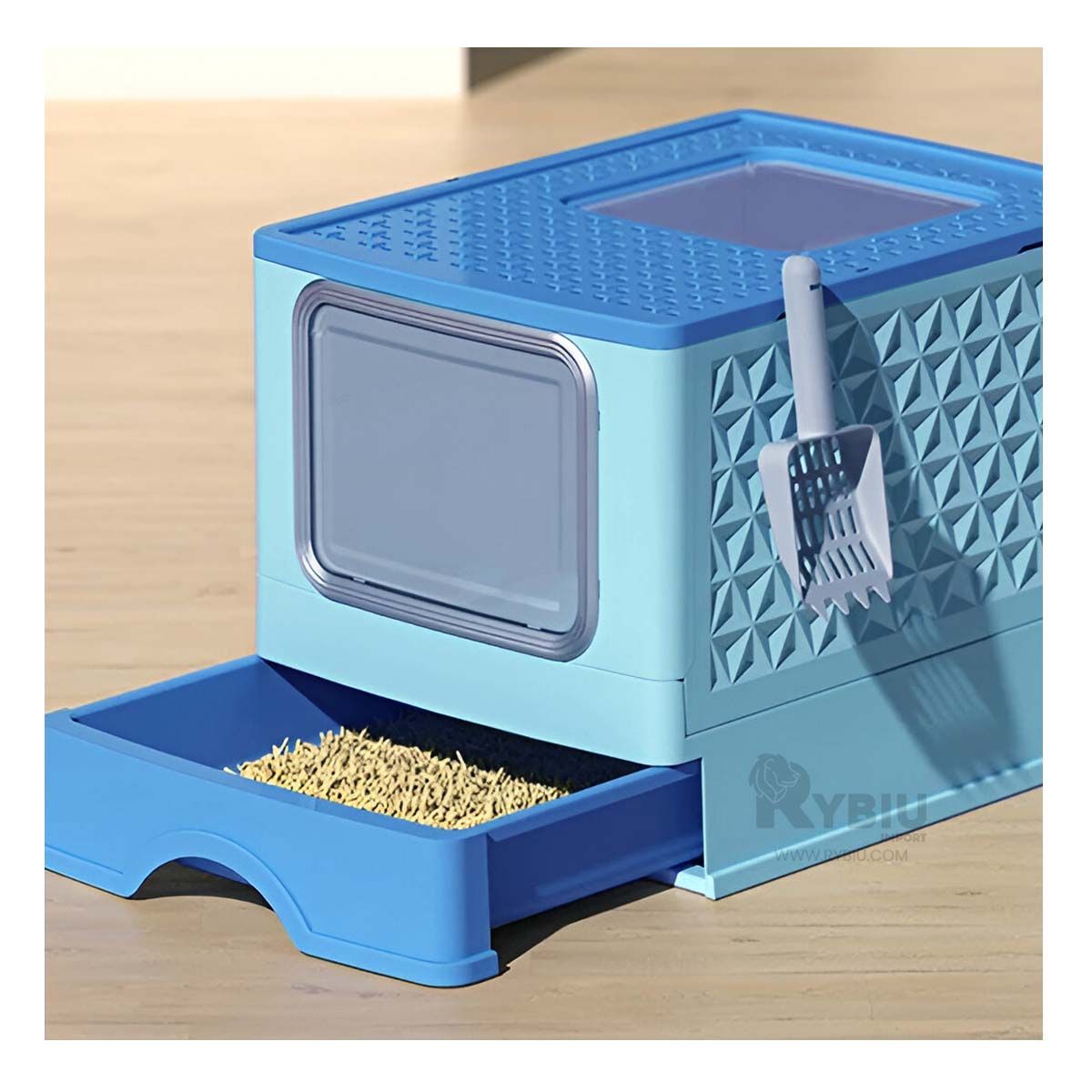 GENERICO - Arenero con Tapa y Bandeja Removible en Celeste Y+Stickers