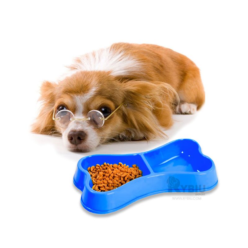 RYBIU IMPORT - Plato Doble Pet Mediano en Forma de Hueso Ancho en Azul