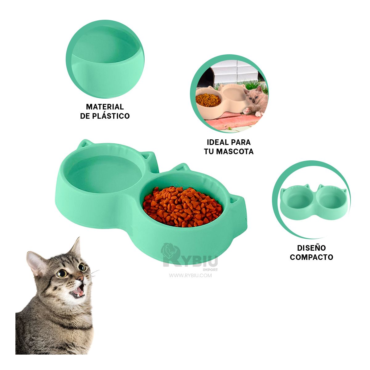 GENERICO - Plato Doble Forma de Orejitas para Gato Color Verde