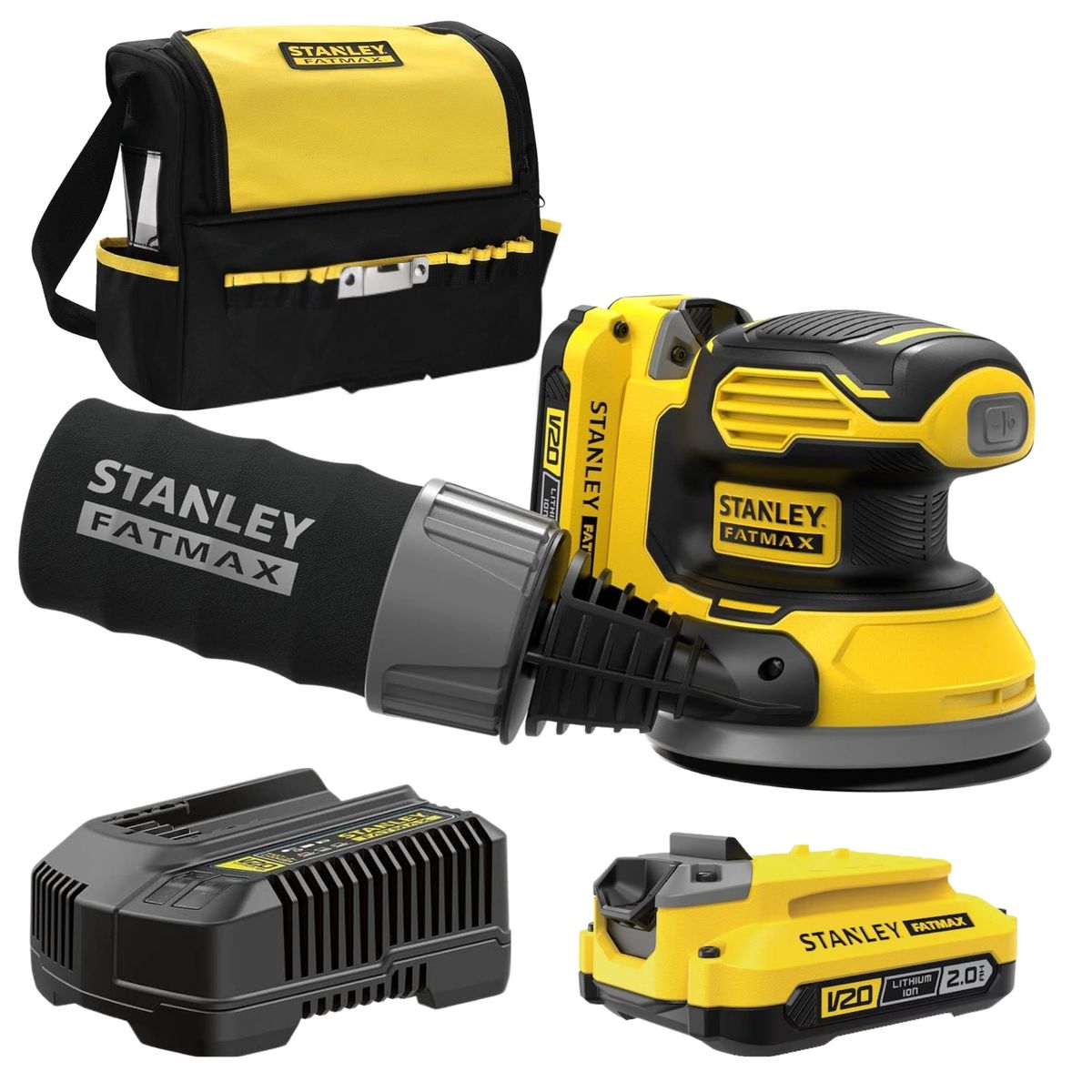 STANLEY - Lijadora roto orbital inalámbrica 20V batería 2Ah cargador 2A STANLEY