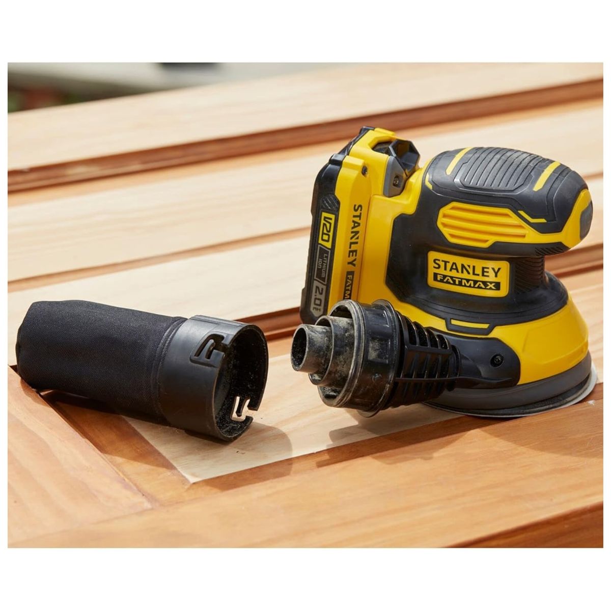 STANLEY - Lijadora roto orbital inalámbrica 20V batería 2Ah cargador 2A STANLEY