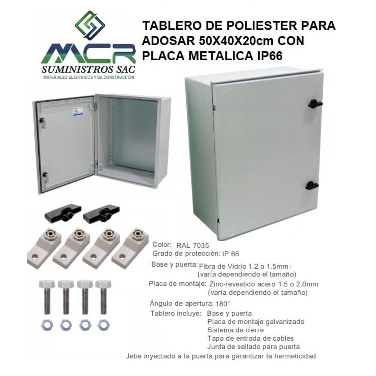 GENERICO - TABLERO DE POLIESTER PARA  ADOSAR 50X40X20cm CON PLACA METALICA IP66