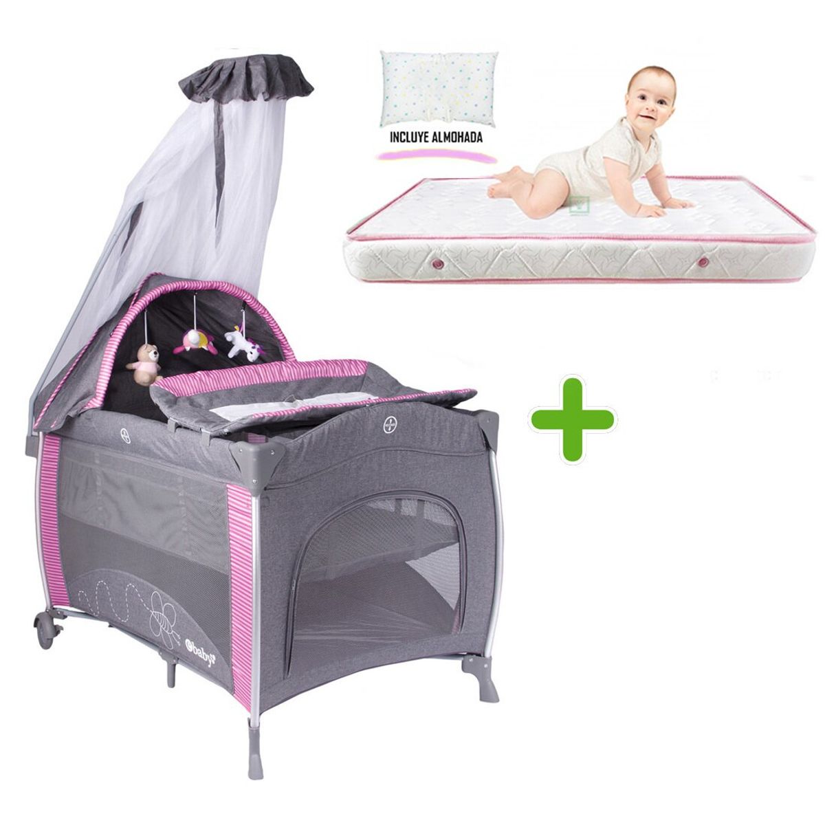 EBABY - Cuna Corral Aluminio NOA 780 Rosado + Colchón