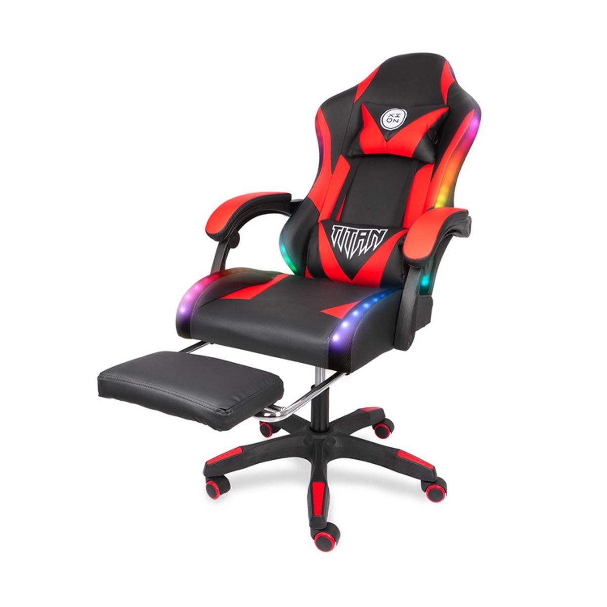 XION - Silla Gamer Con Luces RGB Titan Con Masajeador y Reposapiés 135° Rojo