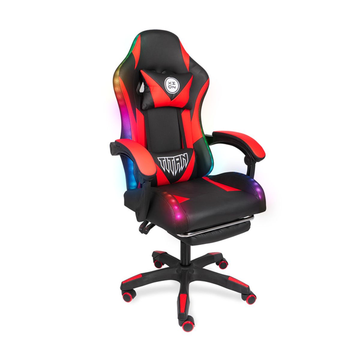 XION - Silla Gamer Con Luces RGB Titan Con Masajeador y Reposapiés 135° Rojo