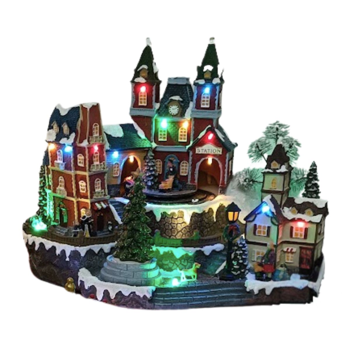 GENERICO - Villa Navideña Musical Estción  con luces con conector USB y pilas