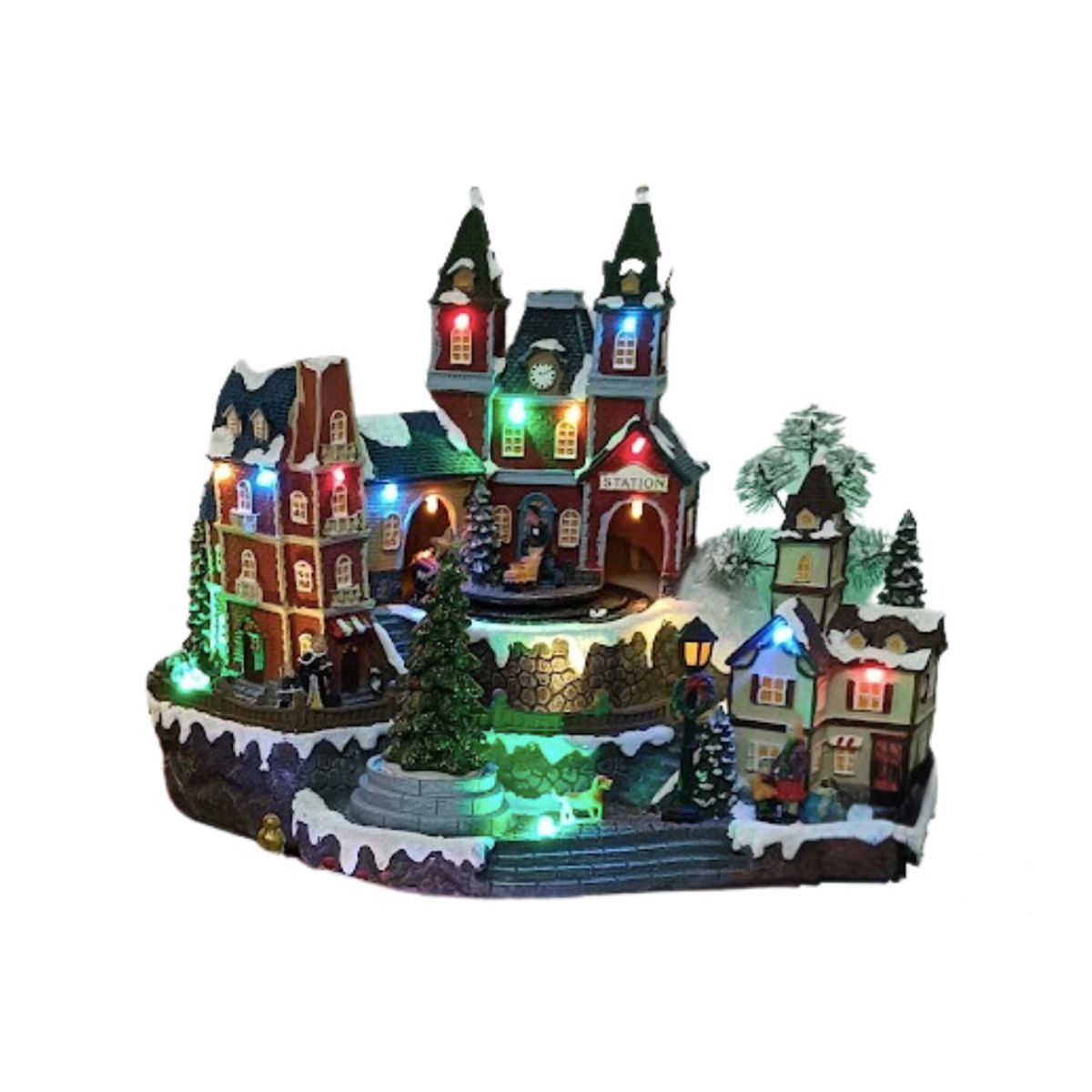 GENERICO - Villa Navideña Musical Estción  con luces con conector USB y pilas