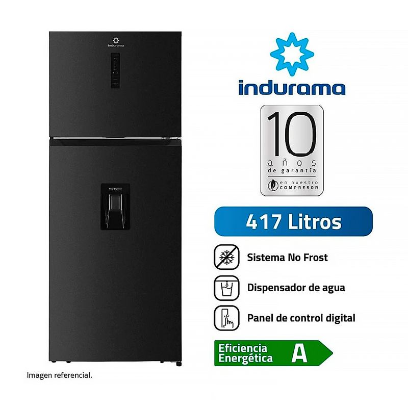 INDURAMA - REFRIGERADORA INDURAMA TOP FREEZER RI-478DN 417LTS DIGITAL Y DISPENSADOR COLOR NEGRO