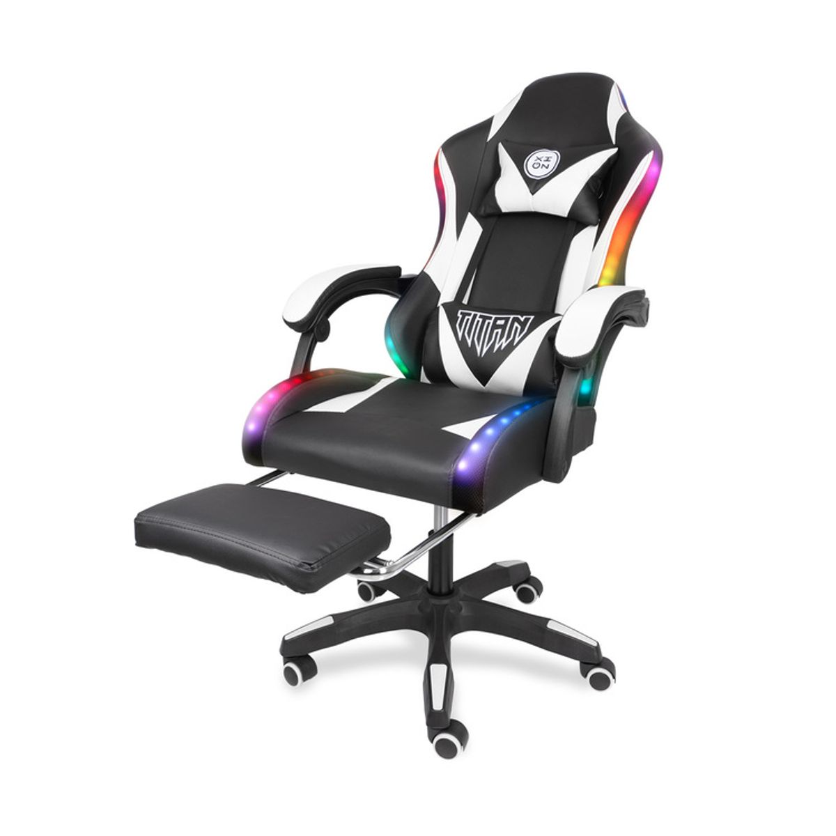 XION - Silla Gamer Con Luces RGB Titan Con Masajeador Reposapiés 135° Blanco