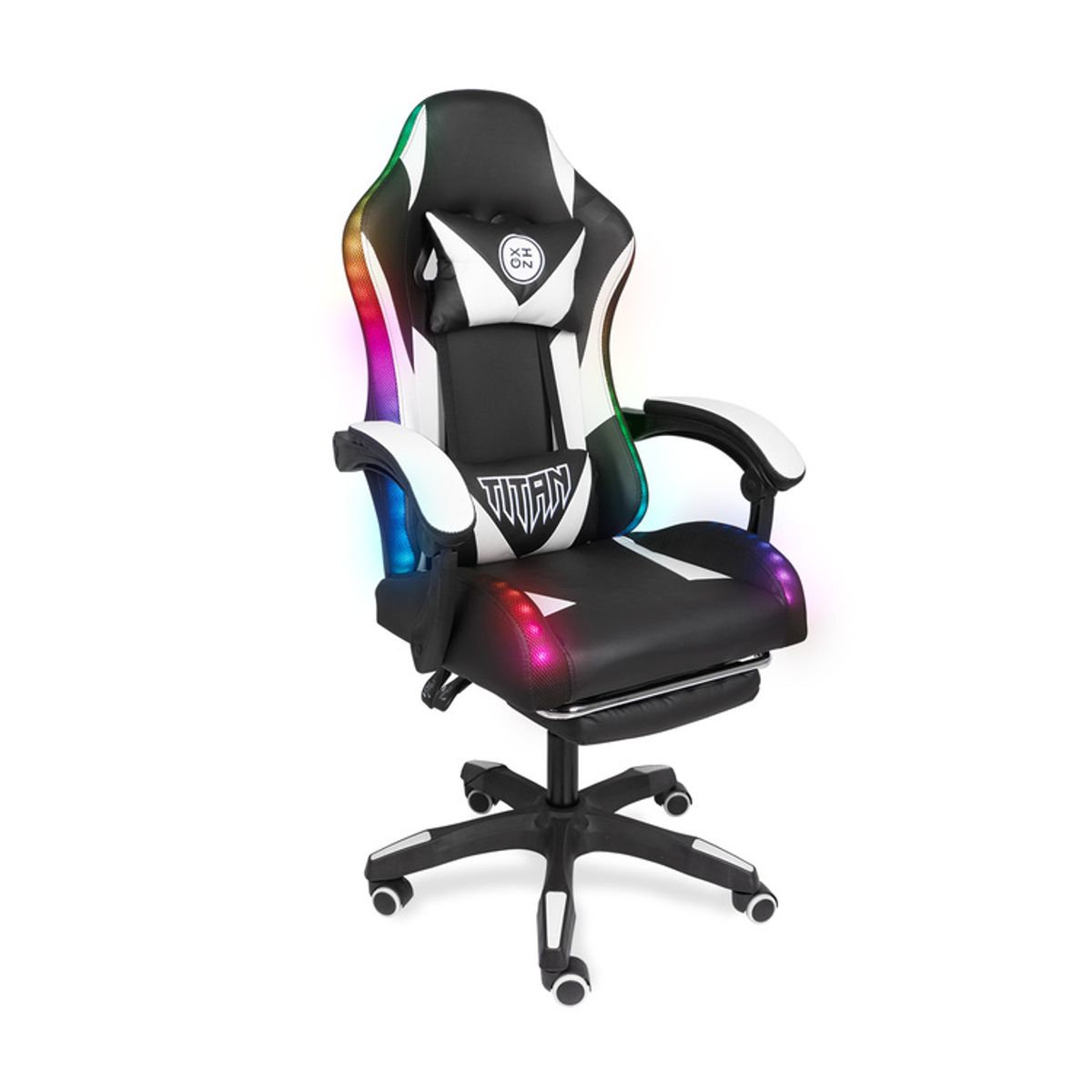 XION - Silla Gamer Con Luces RGB Titan Con Masajeador Reposapiés 135° Blanco
