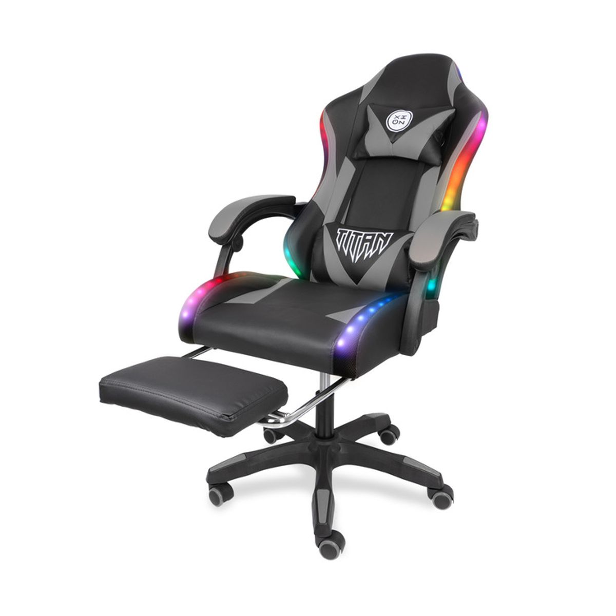 XION - Silla Gamer Con Luces RGB Titan Con Masajeador y Reposapiés 135° Gris