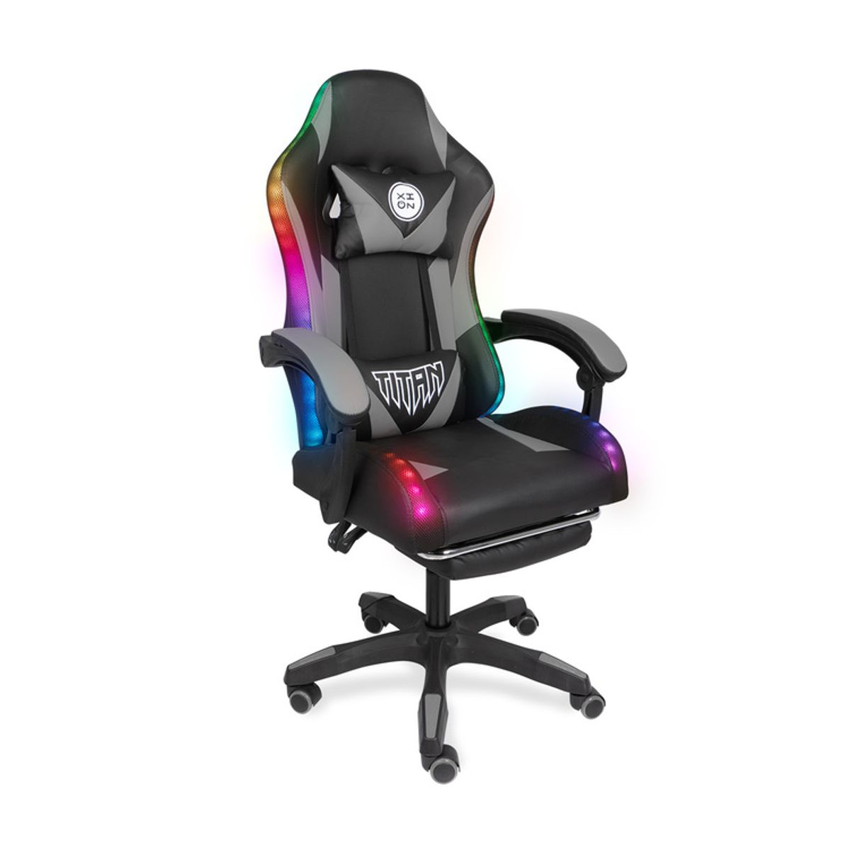 XION - Silla Gamer Con Luces RGB Titan Con Masajeador y Reposapiés 135° Gris