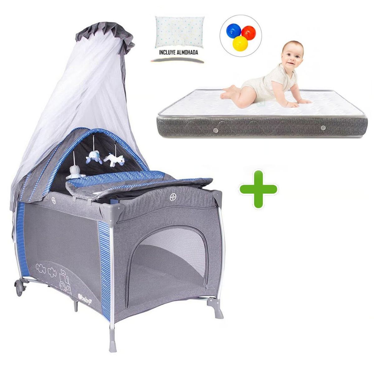 EBABY - Cuna Corral Aluminio Noa 780 Celeste+ Colchón Plomo