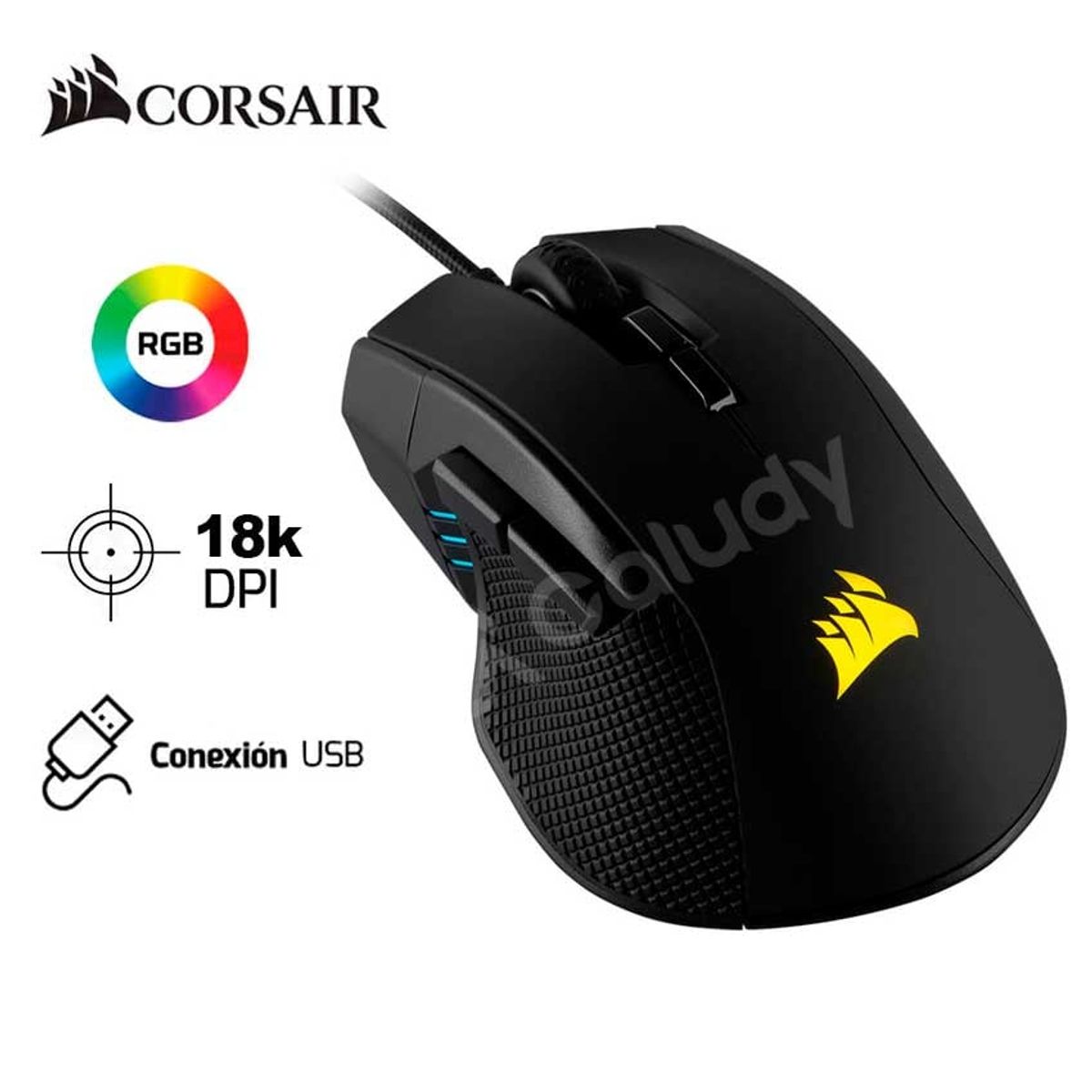CORSAIR - Mouse Corsair Ironclaw RGB Gaming, 18 000 dpi, 7 botones, Negro, USB.