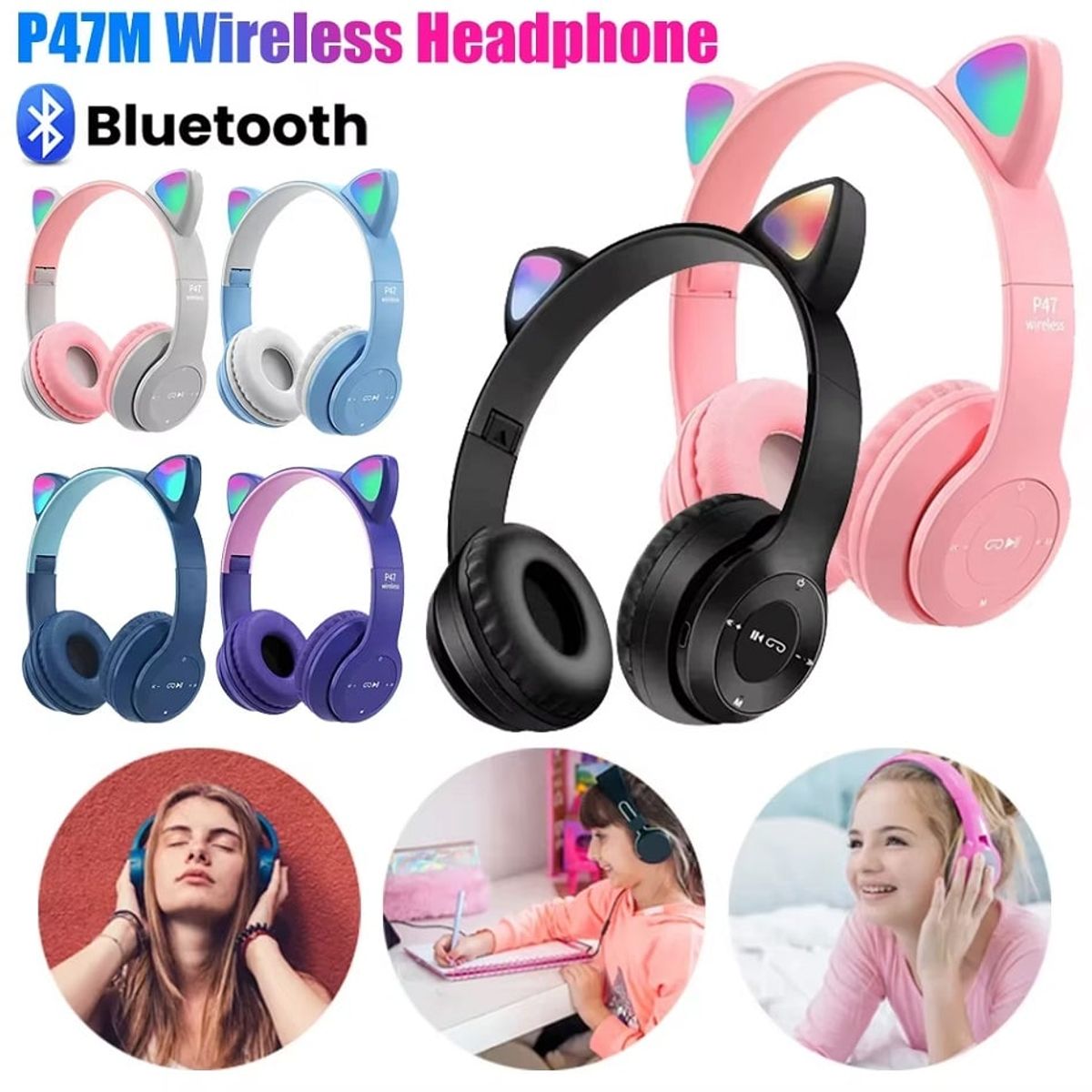 GENERICO - AUDIFONO GATITO BLUETOOTH SONIDO ESTEREO CON MICROFONO LUZ RGB