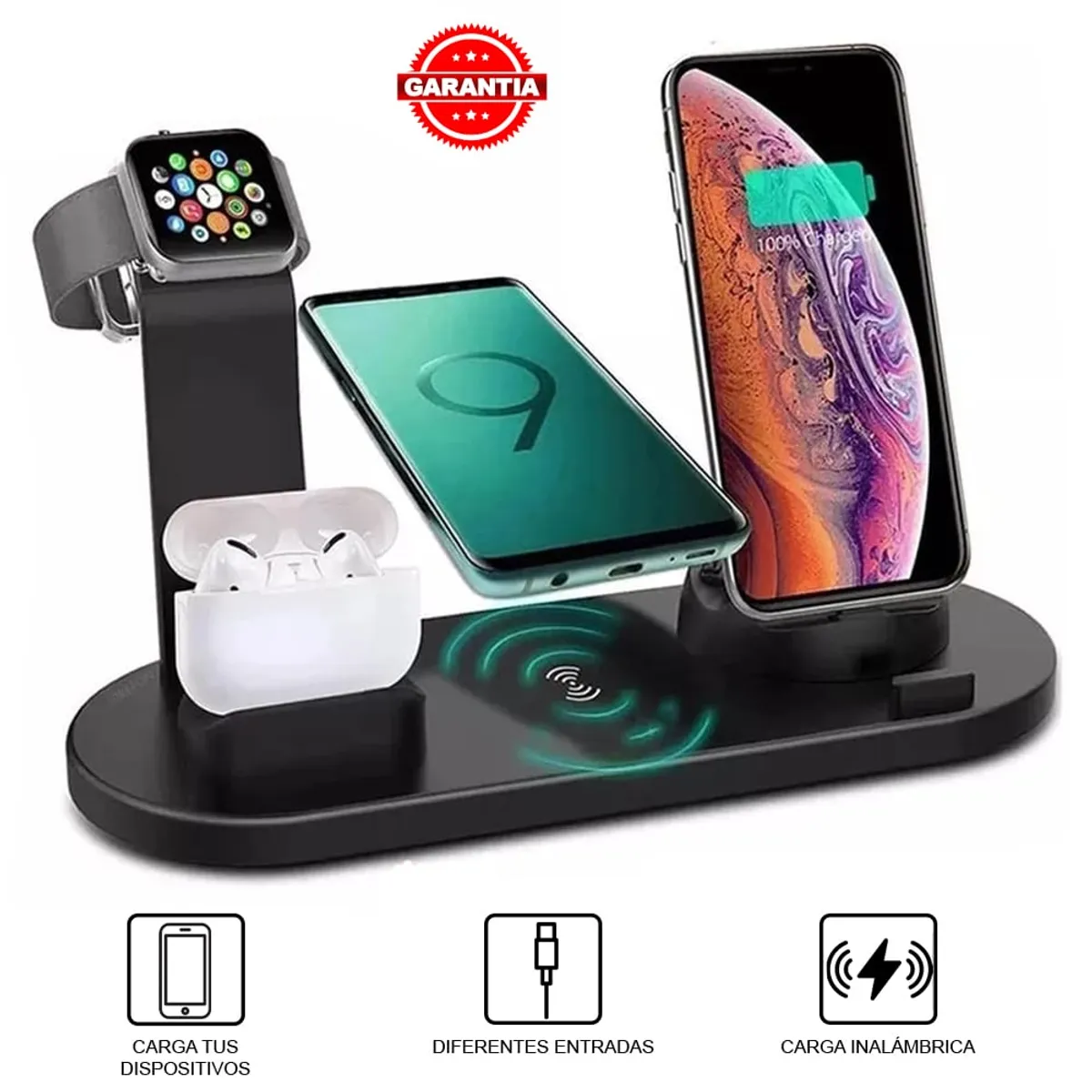 DREIZT - Cargador inalámbrico 4 en 1 para celulares Iphone, Android, Apple watch y Audifonos