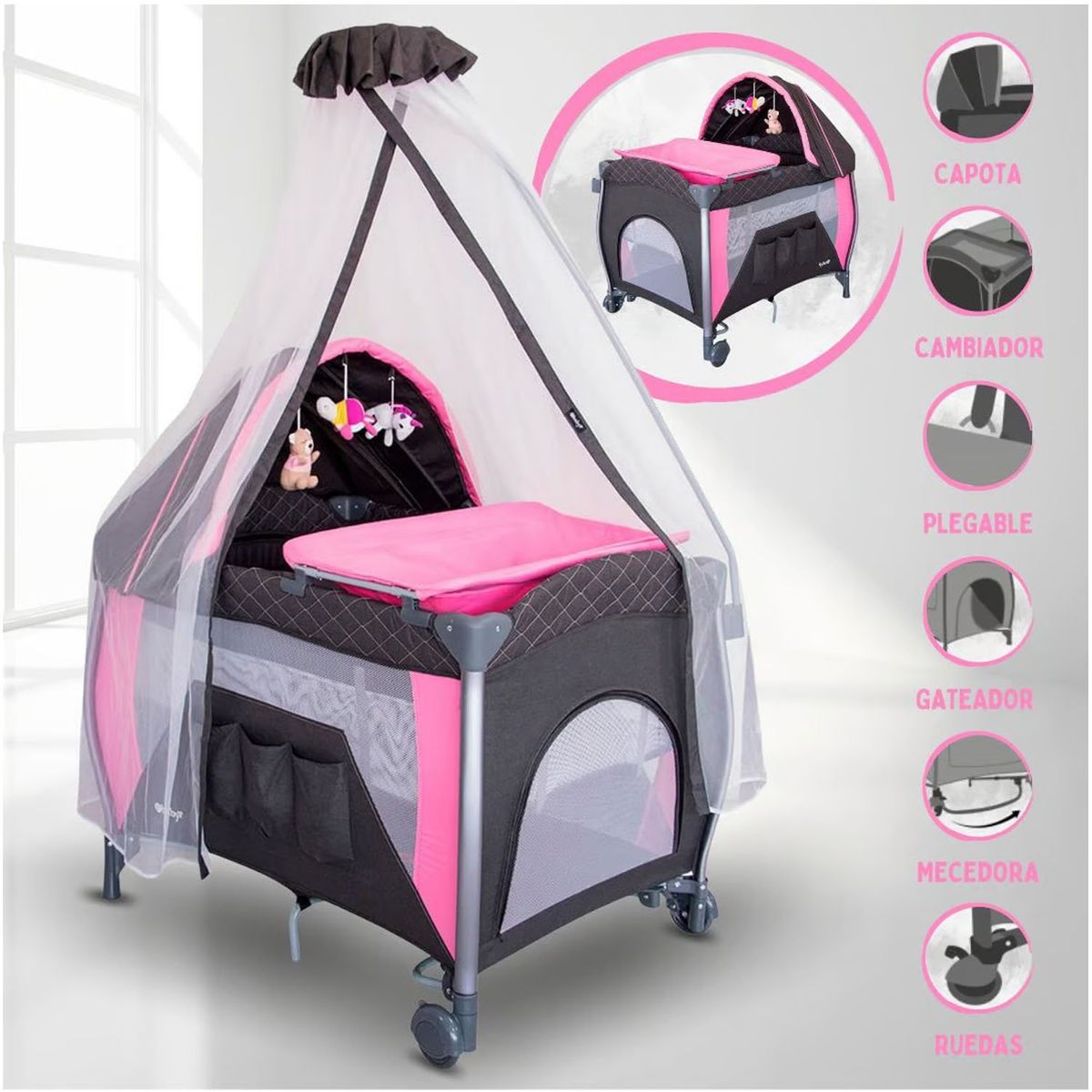 EBABY - Cuna Corral Mecedora Napy Rosado 779-C