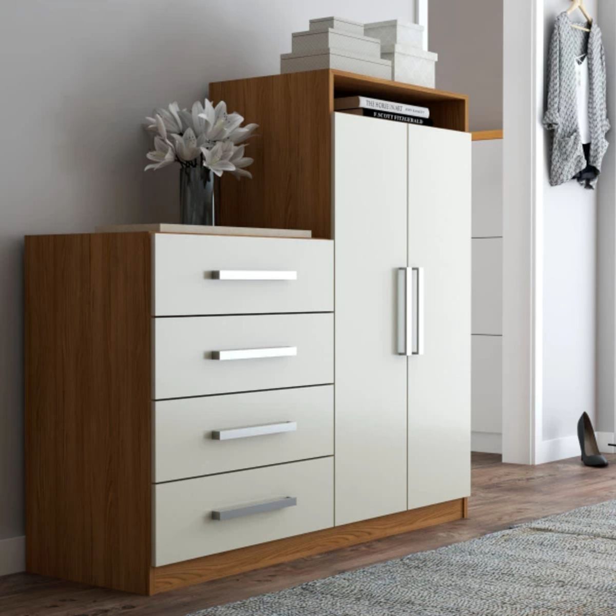 TU MESITA - Cómoda con Armario Cinamon MarrónBlanco TU MESITA 4 cajones 2 puerta