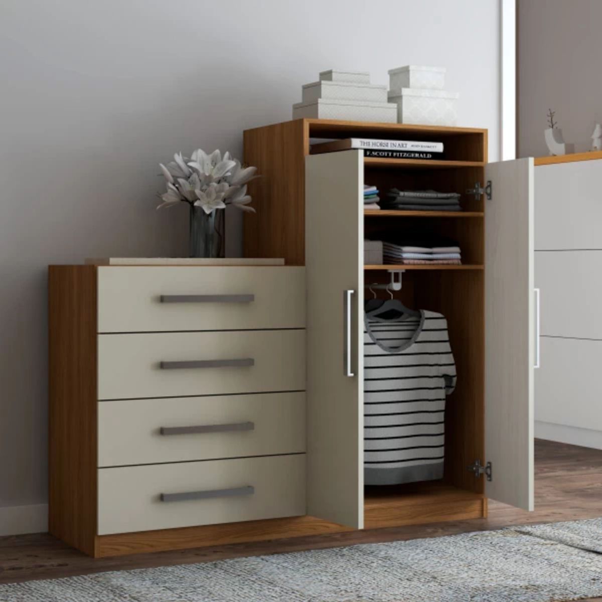 TU MESITA - Cómoda con Armario Cinamon MarrónBlanco TU MESITA 4 cajones 2 puerta