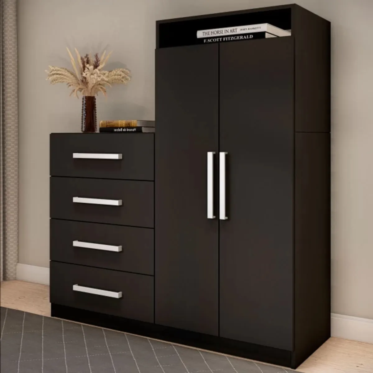 TU MESITA - Cómoda con Armario Cinamon Negro TU MESITA 4 cajones 2 puertas