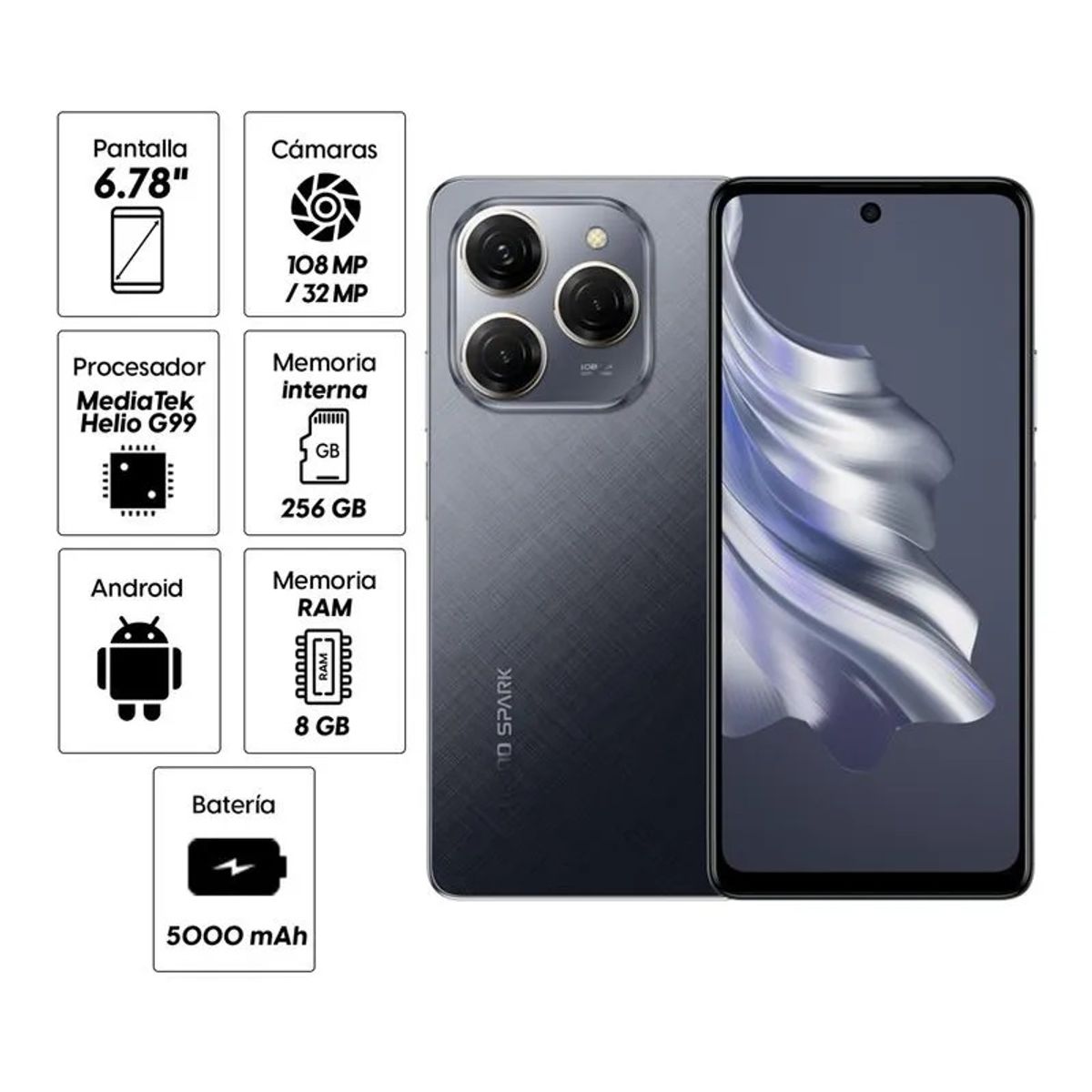 TECNO MOBILE - Smartphone  Tecno Spark 20 PRO  KJ6 256GB ROM+ 16GB RAM (8GB +8GB RAM EXTENDIDA)  MOONLIT BLACK