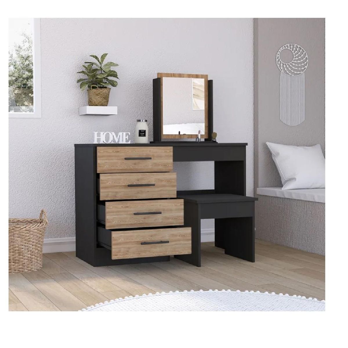 TU MESITA - Tocador Clásico TU MESITA Nemo color NegroMarrón 4 cajones mas Espejo