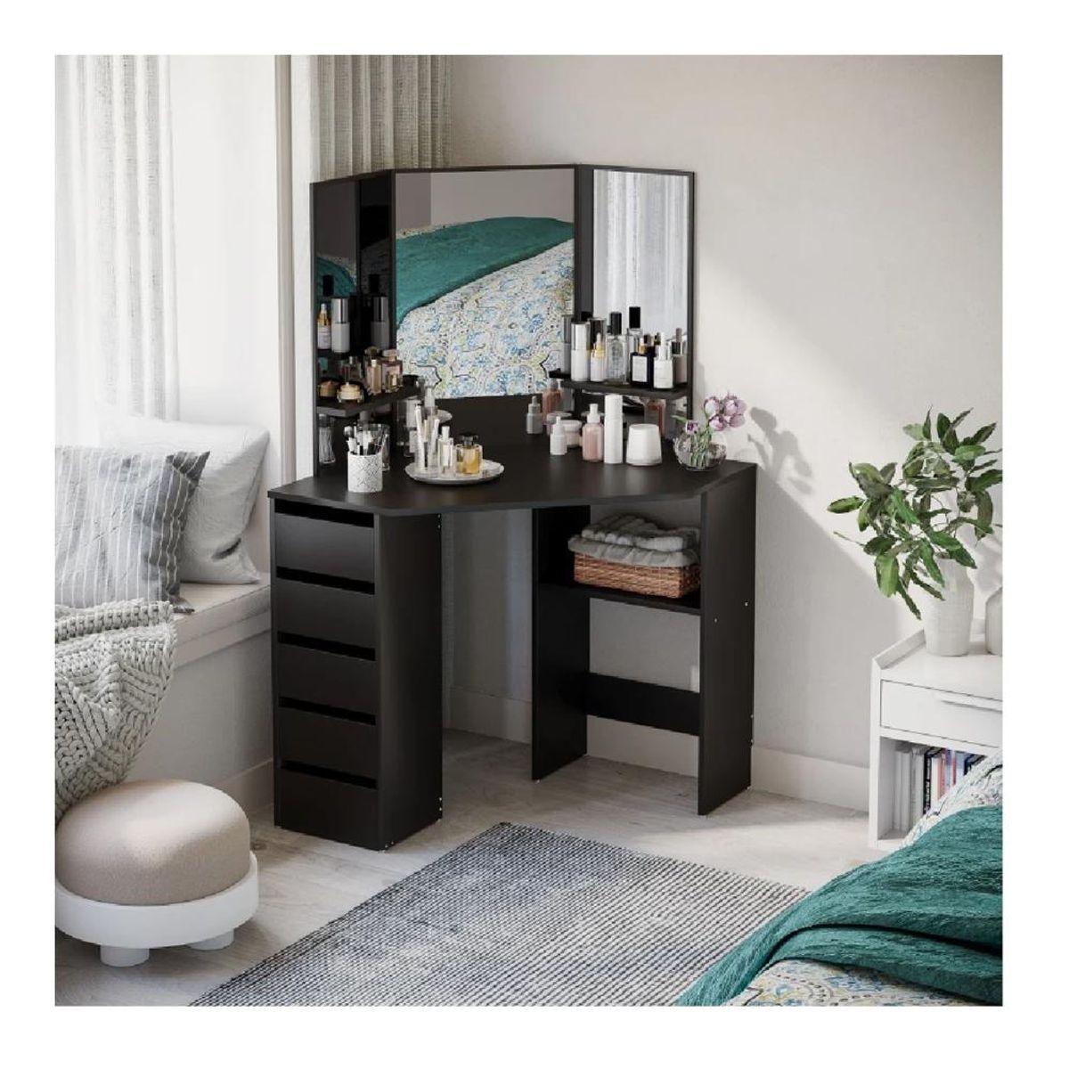 TU MESITA - Tocador Esquinero TU MESITA Sigrid color Negro 3 espejos 5 cajones