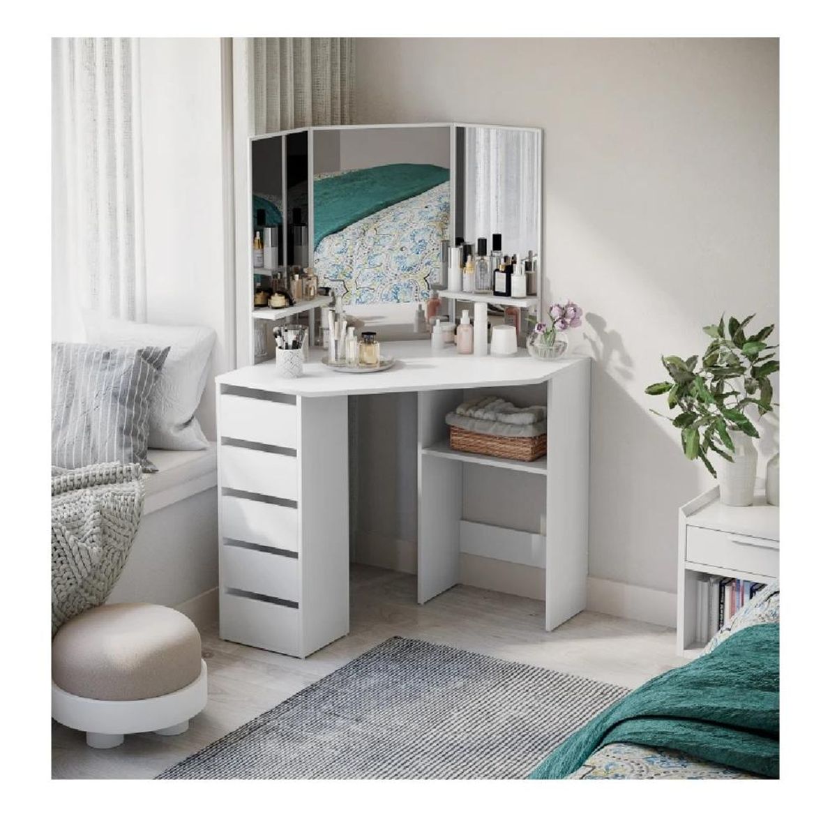 TU MESITA - Tocador Esquinero TU MESITA Sigrid color Blanco 3 espejos 5 cajones