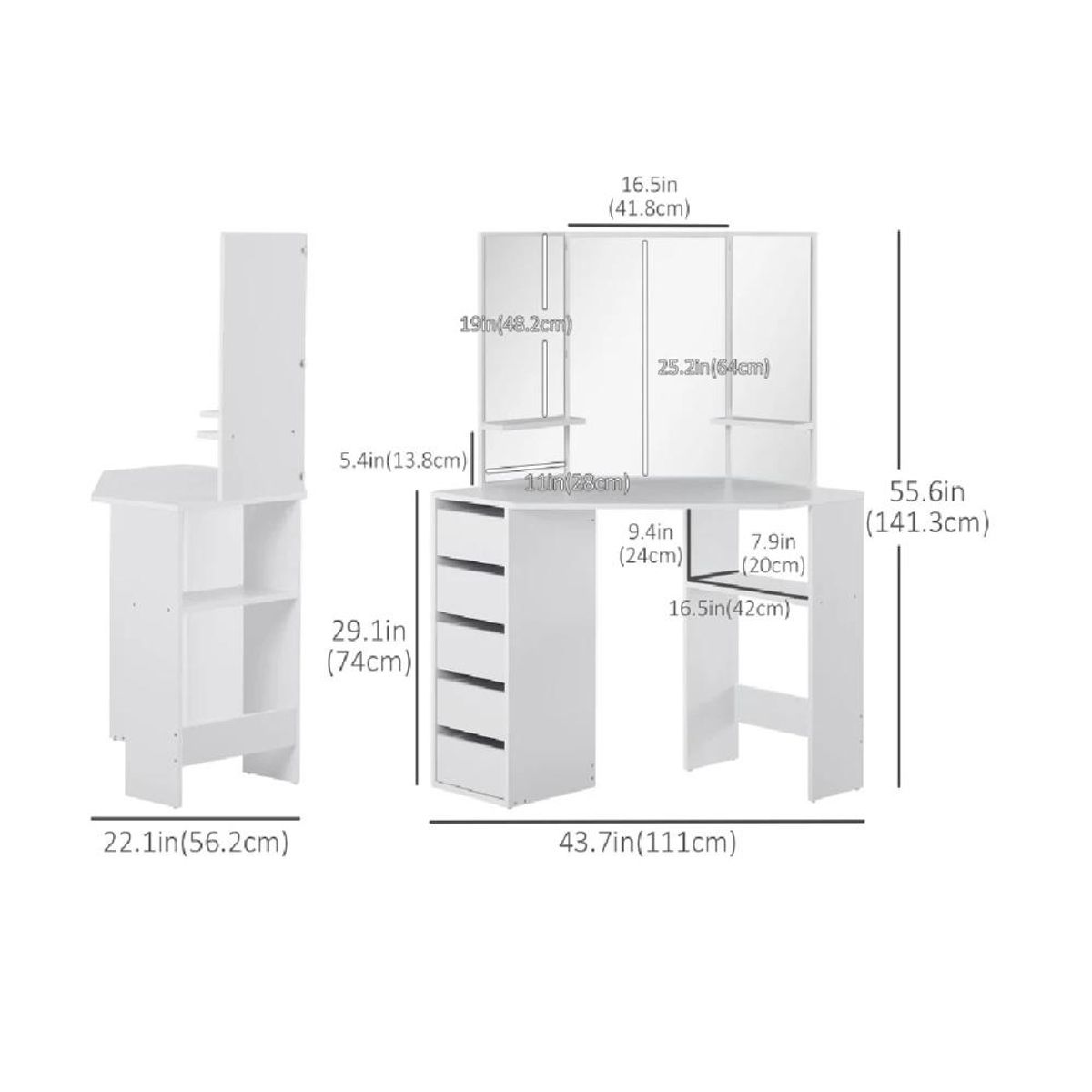 TU MESITA - Tocador Esquinero TU MESITA Sigrid color Blanco 3 espejos 5 cajones