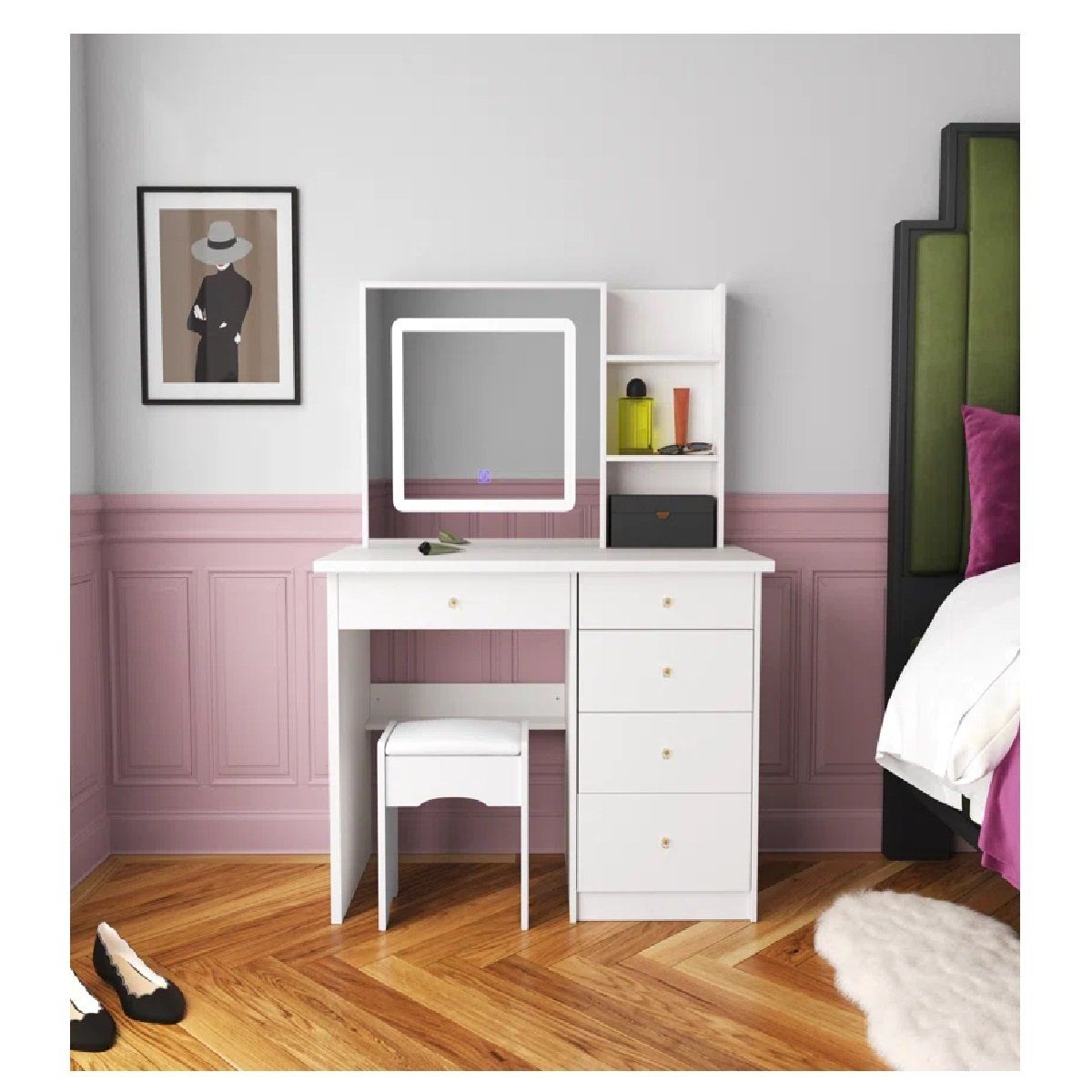 TU MESITA - Tocador Juvenil TU MESITA Jisa color Blanco 5 cajones Espejo LED