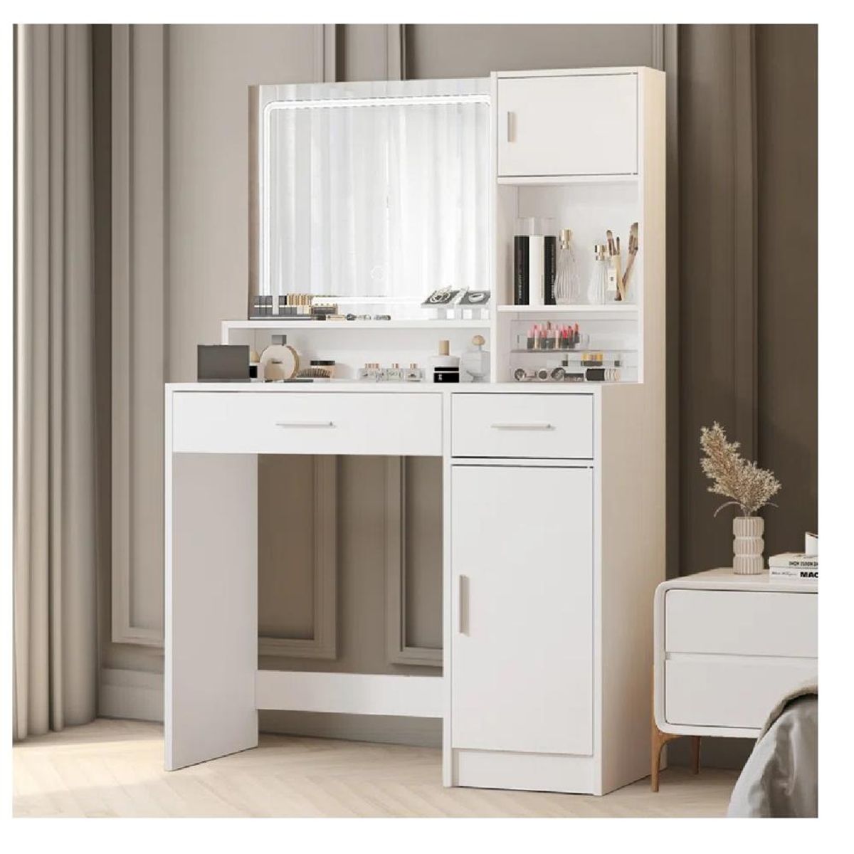 TU MESITA - Tocador Moderno TU MESITA Icarus color Blanco 2 cajones 2 puertas espejo LED