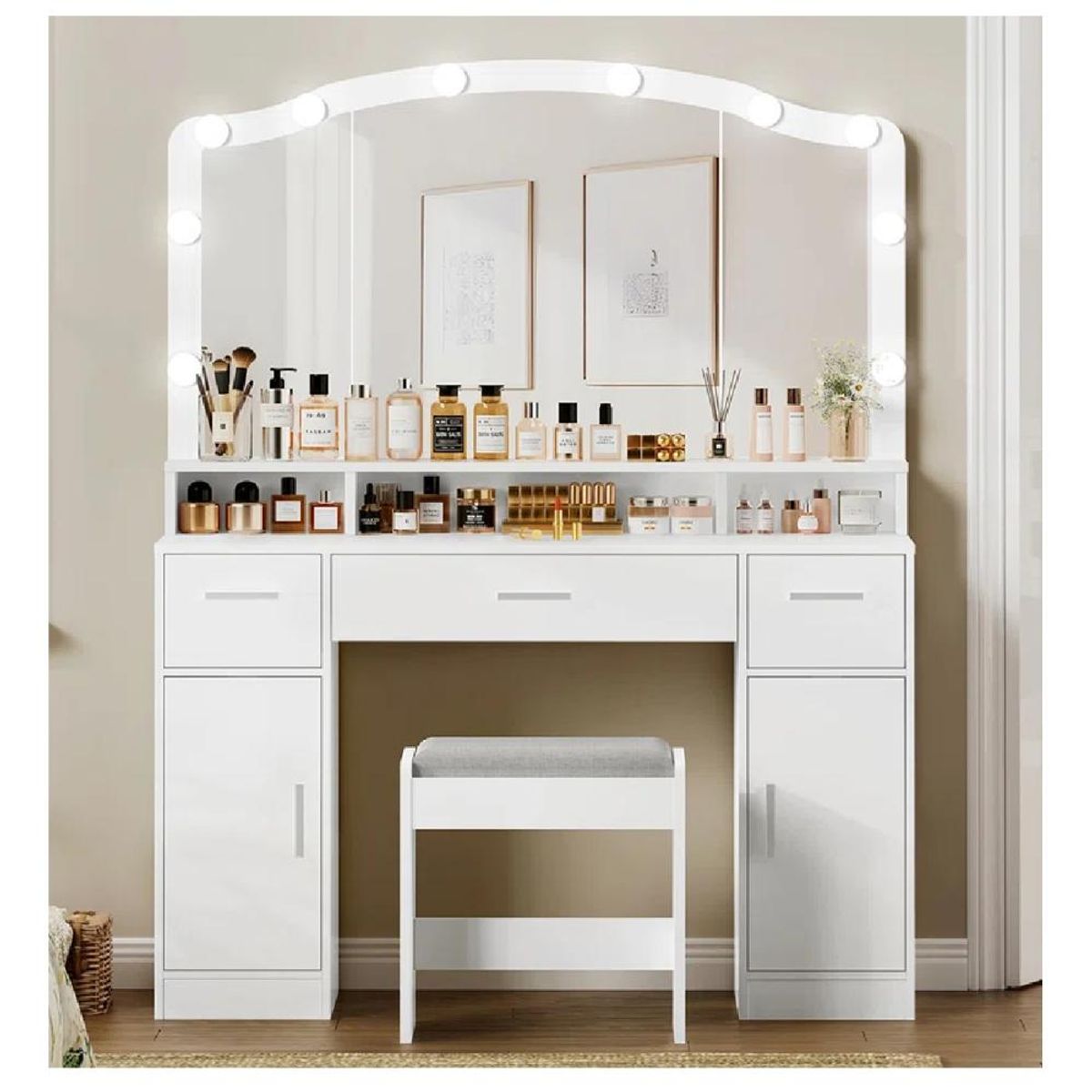 TU MESITA - Tocador Moderno TU MESITA Kinda color Blanco 3 cajones 2 puertas espejo LED