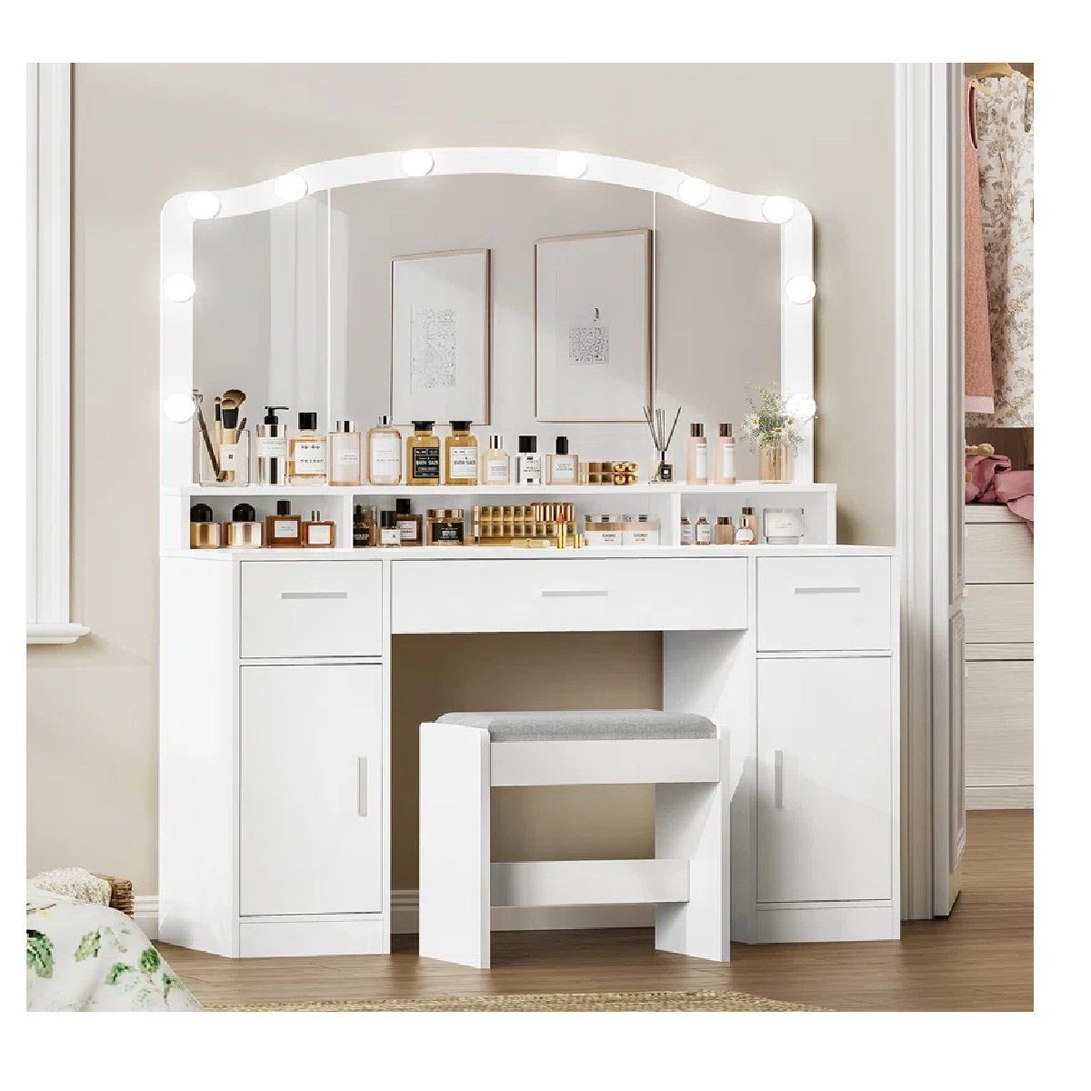 TU MESITA - Tocador Moderno TU MESITA Kinda color Blanco 3 cajones 2 puertas espejo LED