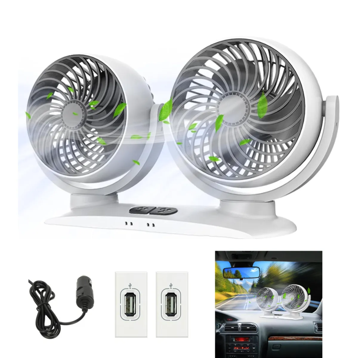 SEISA - Ventilador para Auto de Doble Cabezal 12V Giratorio - Blanco